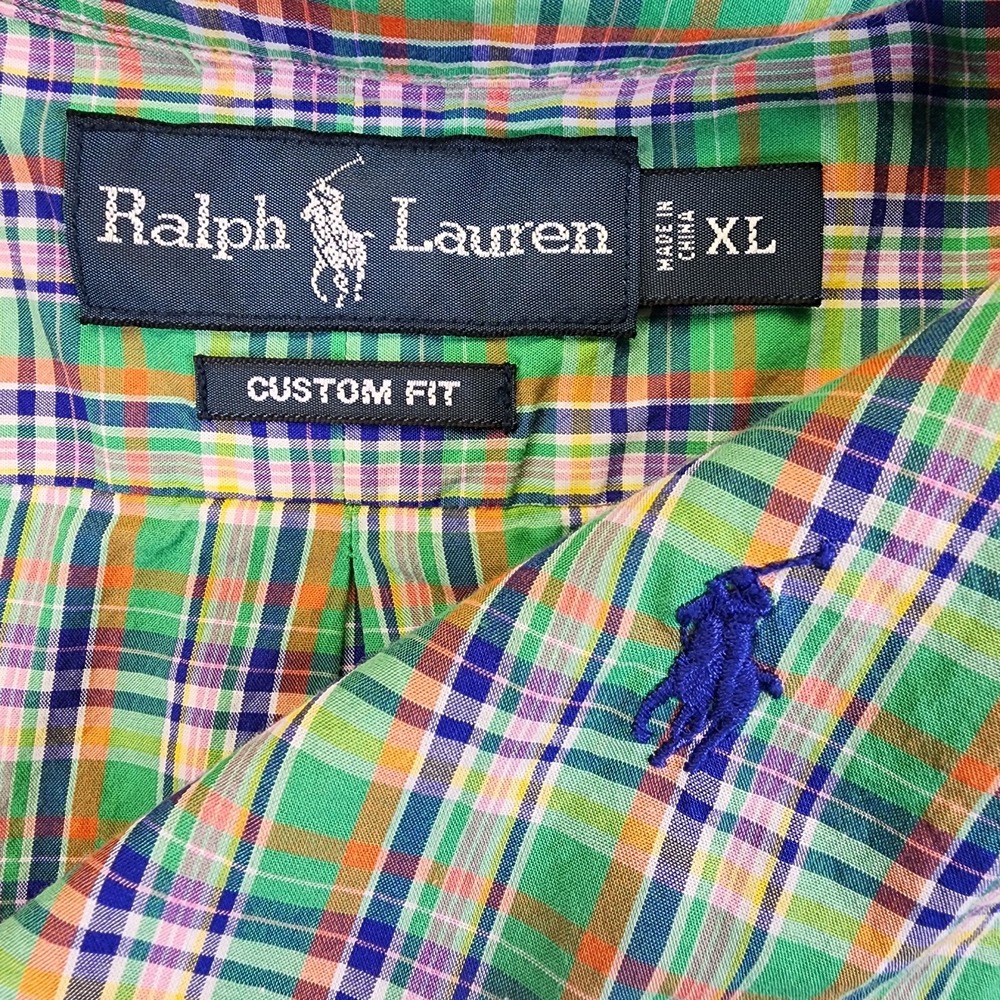 Ralph Lauren Long Sleeve Button Shirt Men's XL Plaid Custom Fit Green Colorful